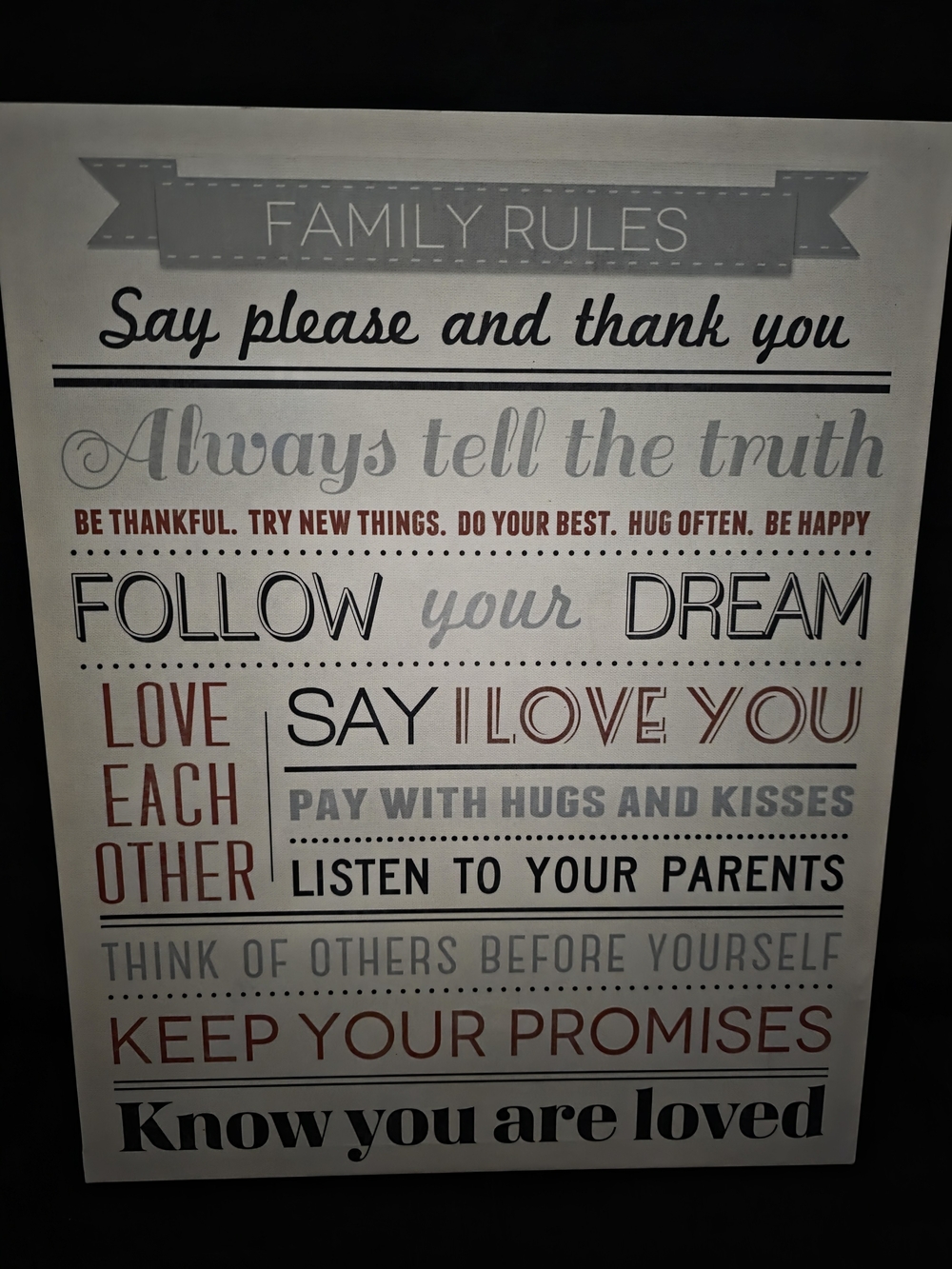 Family Rules Wall Art Sign - White, Black, Red